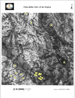 Figure 2. Location of explored Palaeolithic localities on an ORTHO rectified CARTOSAT-I satellite image.